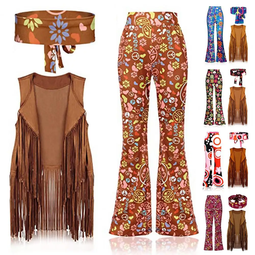 

Women Bell Bottoms Set Retro Costume Set for Women Flared Pants Tassel Waistcoat Headband Halloween Cosplay Nightclub