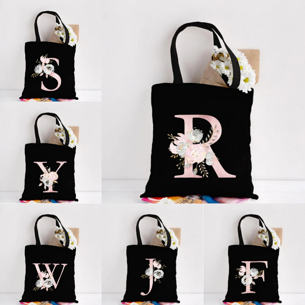 

Персонализированная холщовая сумка-тоут с цветочным принтом и инициалами (буквы A-Z), сумка через плечо, подарок для подружки невесты, для путешествий и шопинга