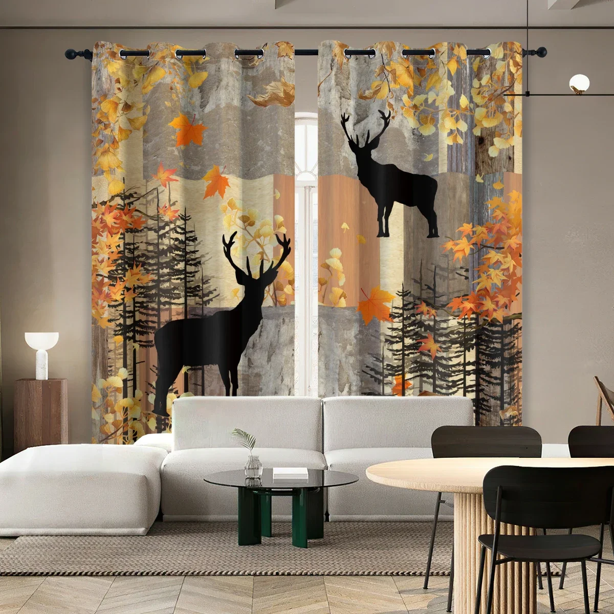 2PC High Blackout Double-sided Matte Polyester Curtains Perforated Partition and Blocking Autumn Forest Maple Leaf Reindeer