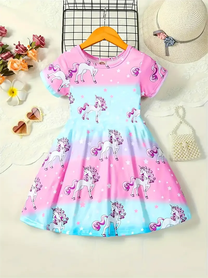 Gradient Color Unicorn Dress For Girls, Comfortable And Breathable Short-Sleeved Holiday Casual Dress