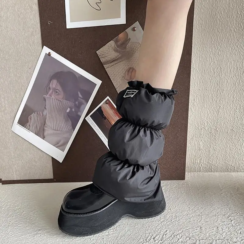 Puffer Padded Leg Warmer with Letter Label for Women Winter Warm Quilted Boot Cuffs Covers Footless Socks Streetwear 