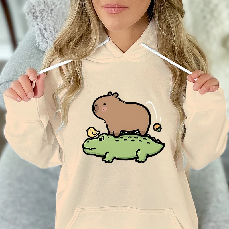 Cute Capybara and Crocodile Graphic Hoodie Women Capybara Sweatshirts Kawaii Cartoon Fashion Hoodies Cartoon Animal Hooded Shirt