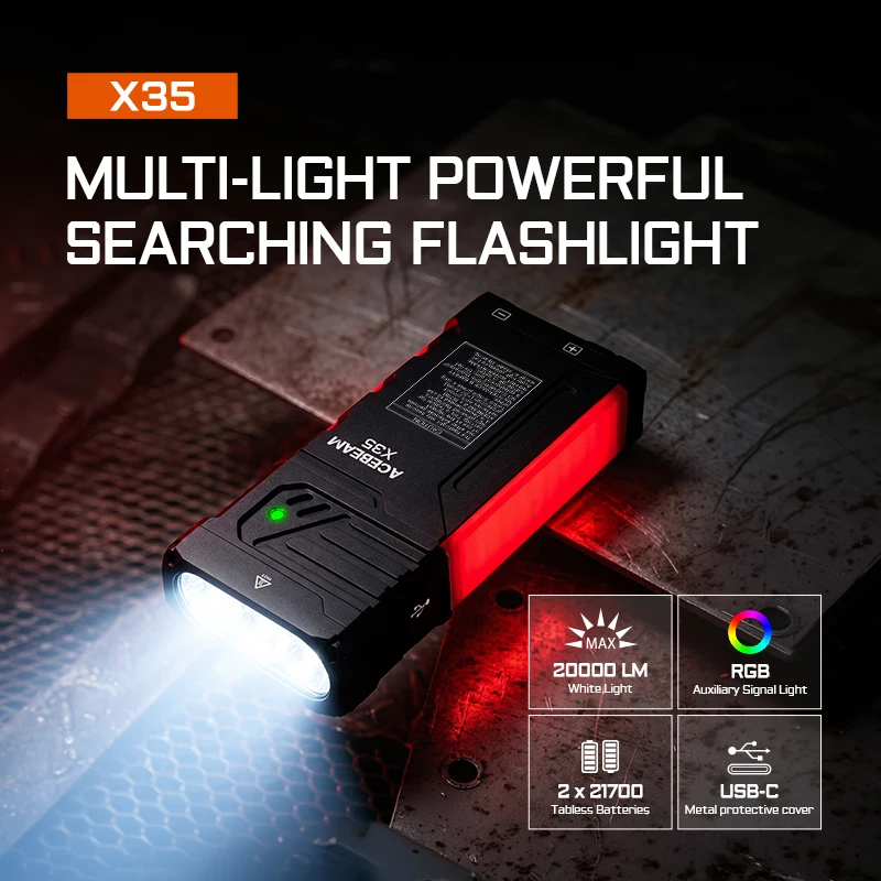 ACEBEAM X35 Suchtaschenlampe USB-C-Ladeausgang CREE XHP70.2 LED 20000 Lumen 458 Meter Dual-Source-Suchlicht 21700