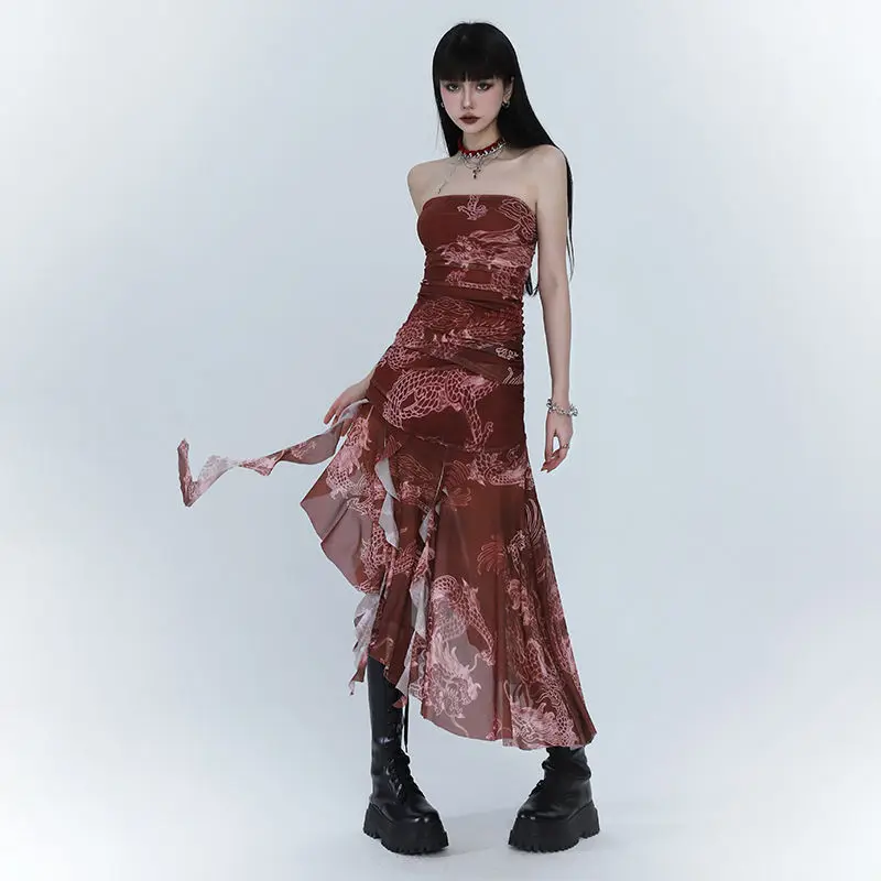 

Dragon Print Hollow Off Shoulder Bodycon Elegant Skinny Midi Long Ruffles Dress Dresses Ladies Women fairycore y2k 00s grunge