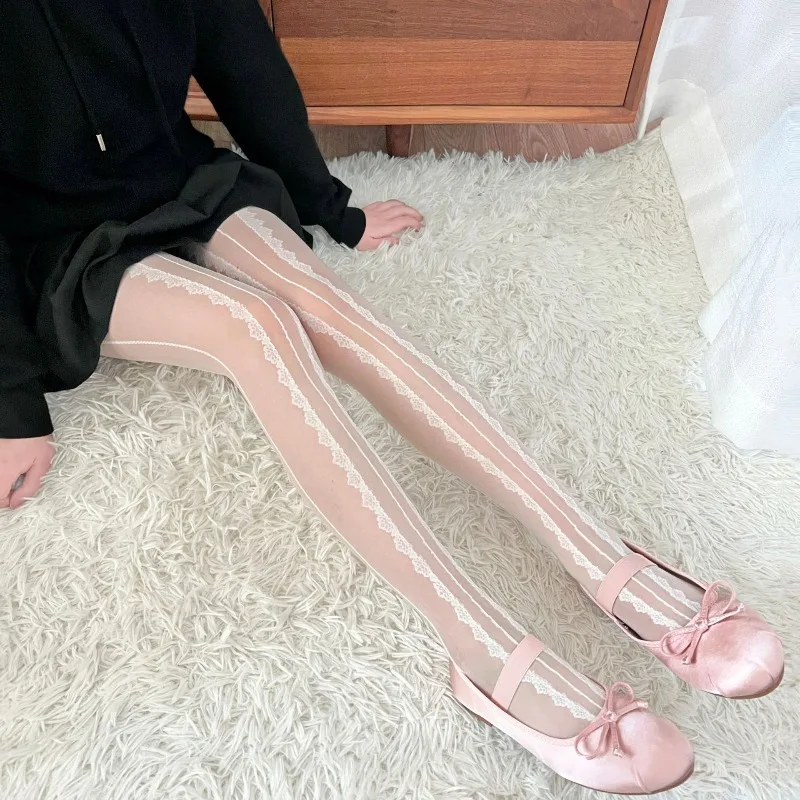 

Прозрачные белые колготки Balletcore, утягивающие колготки в вертикальную полоску с кружевной отделкой, милый японский стиль, весна-лето, повседневная одежда