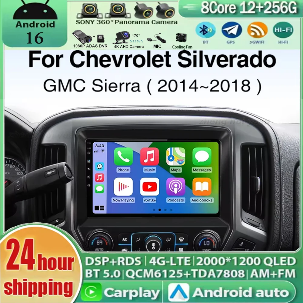Android 16 Car Radio CarPlay Android Auto For Chevrolet Silverado 3 GMTK2 2014-2018 Car Multimedia Player Wireless GPS WIFI 4G