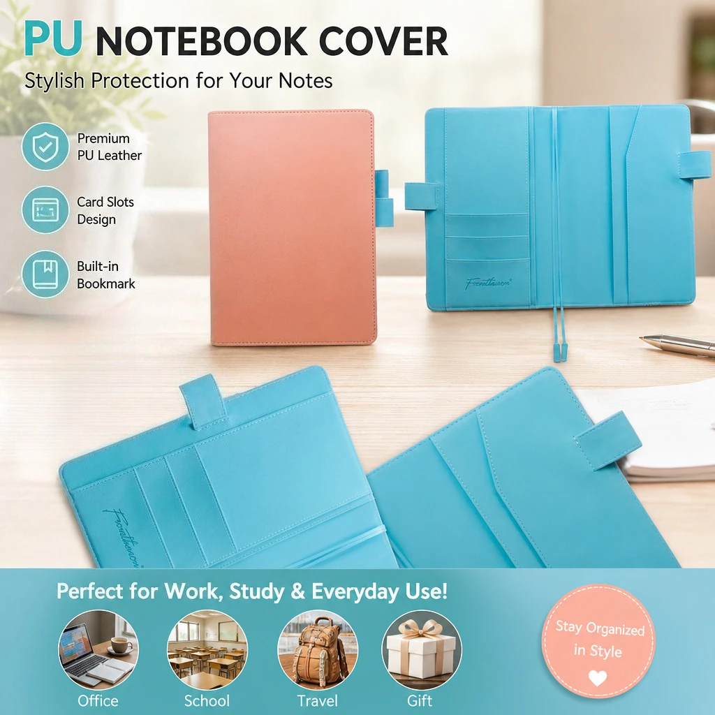 PU Leather A5 Notebook Cover Journal Protector with Card Slots Pen Holder Bookmark Book Sleeve for School Travel Stationery Gift