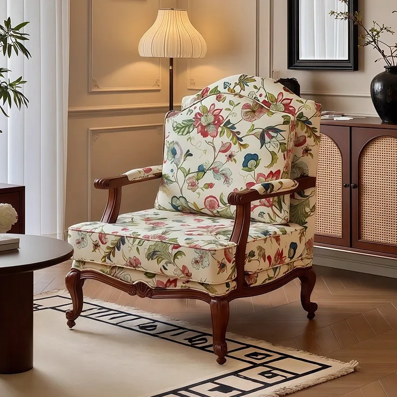 

American Retro Living Room Single Sofa Medieval Home Leisure Solid Wood Fabric Sofa Chair