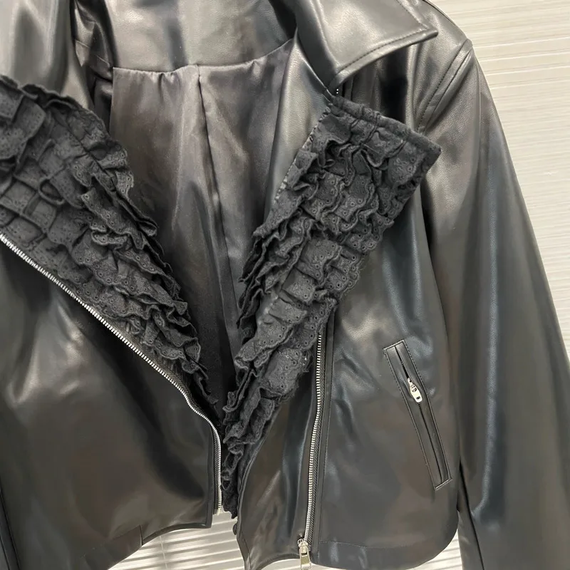 WTHT Trendy delle nuove donne impiombate bordo increspato risvolto giacca di pelle PU 2025 autunno moda maniche lunghe cappotto con cerniera femminile 1LS2495