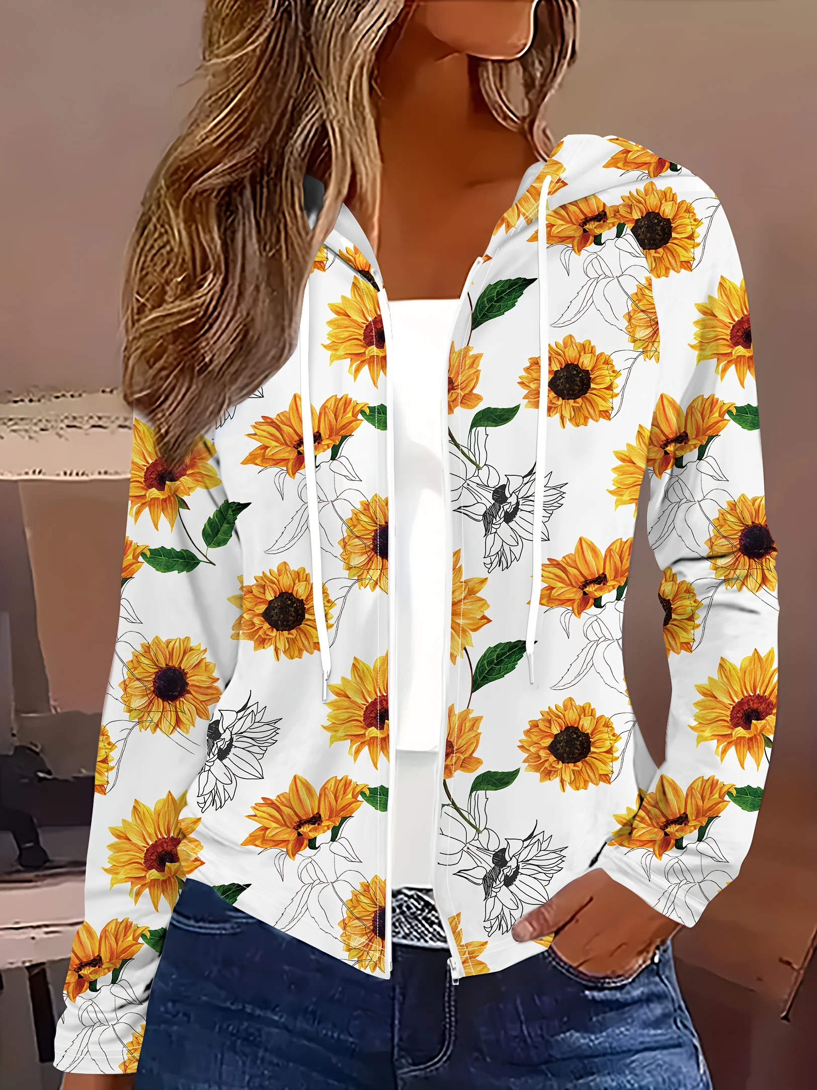 Spring and Autumn styles casual style Sunflower And Butterfly Print hooded jacket