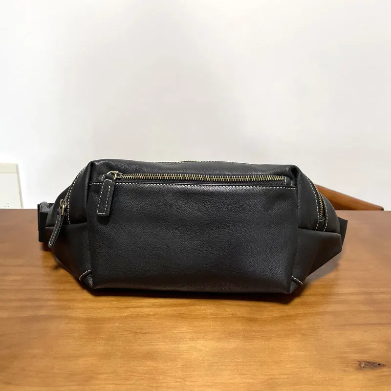 

casual simple handmade first layer cowhide men's chest bag outdoor travel luxury natural genuine leather black crossbody bag