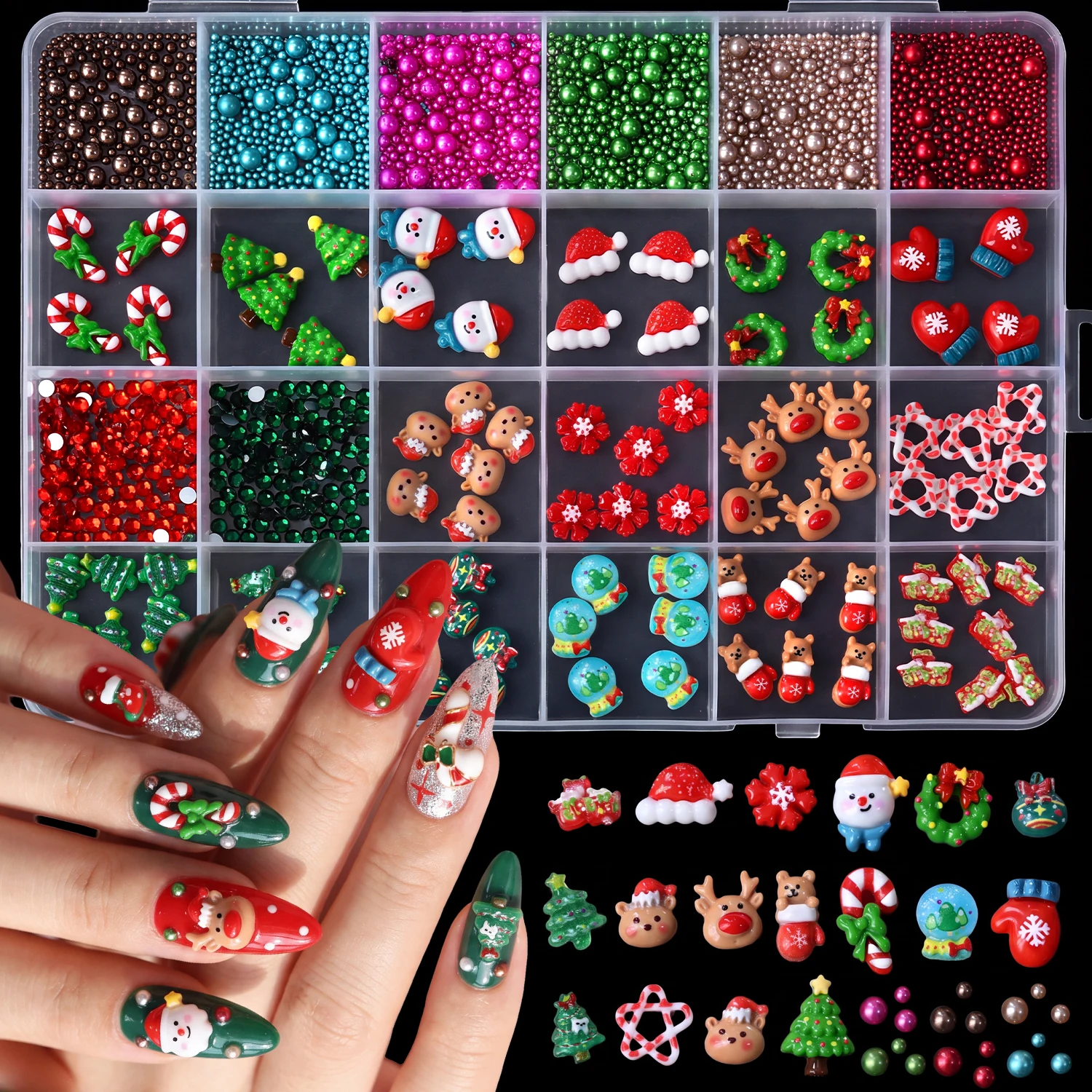 1 Box Weihnachts-Nageldekoration Cartoon 3D Harz Weihnachtsbaum Zuckerstange Kranz Metallperlen Nagelcharms Festliches DIY Maniküre-Design