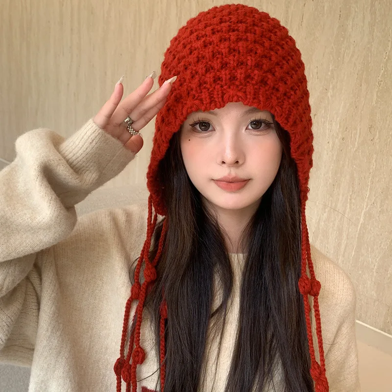 Ethnic Style Knitted Autumn Winter Hat Super Soft Warm Hat Tassel Ball Red Ear Protection Strap Hat Trendy Hollow Bag Hats