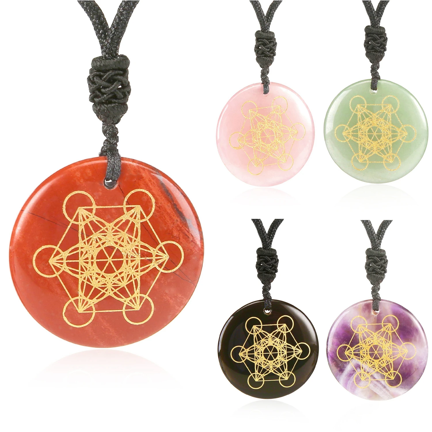 Natural Stone Reiki Symbol Charm Pendant Carve Flower Of Llife Multidimensional metatron Cube Necklace Healing Crystal Jewelry