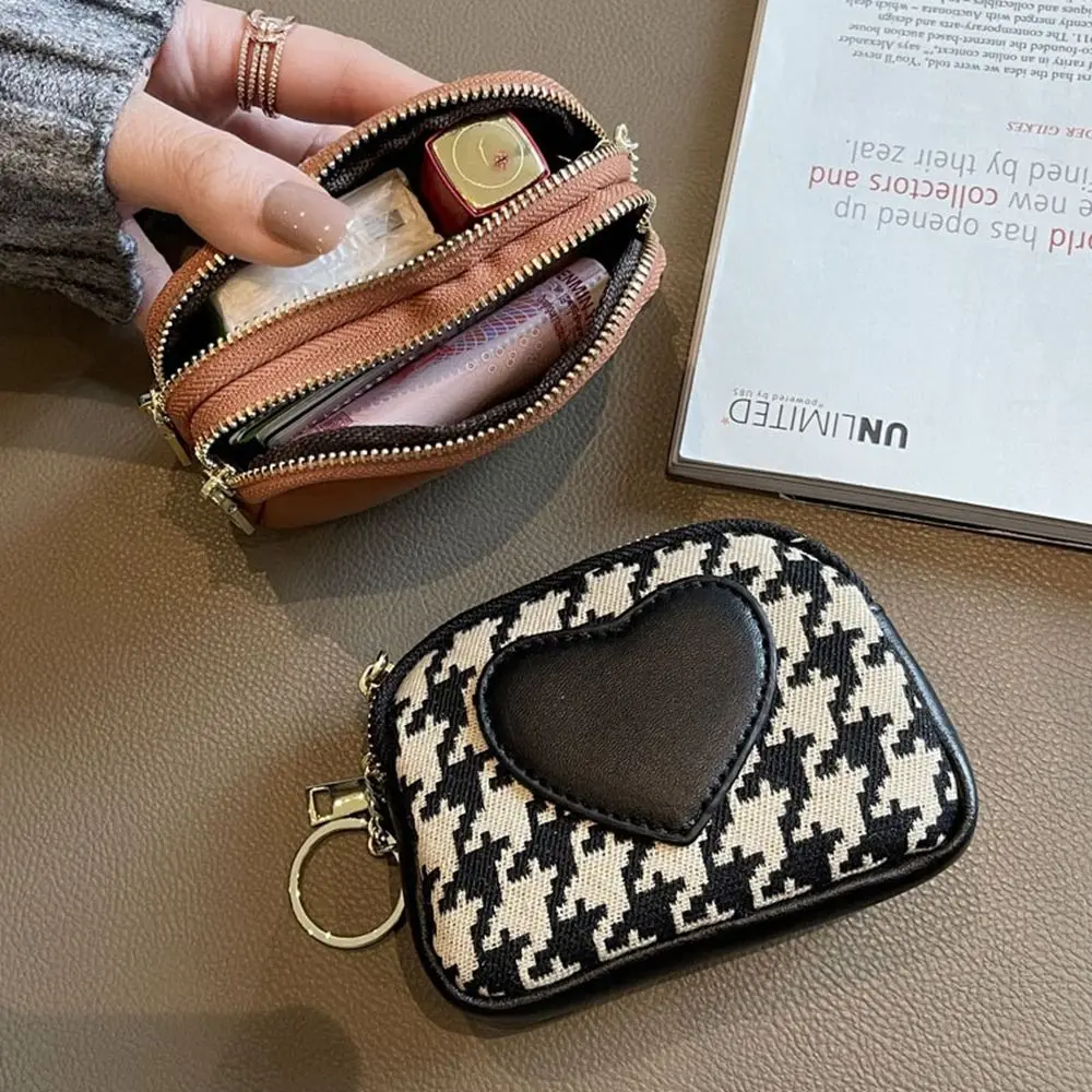 Houndstooth Short Style Canvas Zipper Double Layer Wallet Korean Fashion Coin Purse Car Key Bank Card Bag Small Makeup Bag