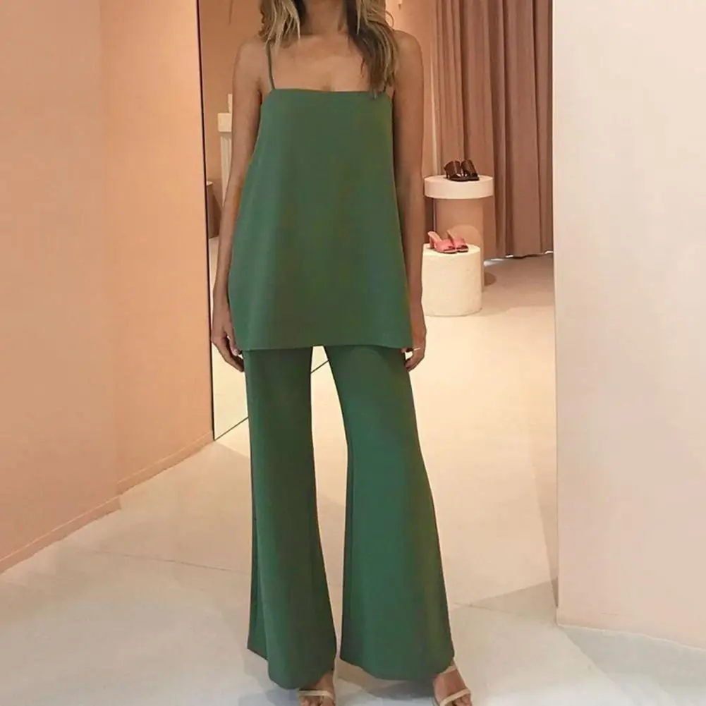 Two Piece Sets Womens Outifits Summer Solid Color Loose Sexy Spaghetti Strap Sleeveless Lady Vest Top and Wide Leg Pants Suit