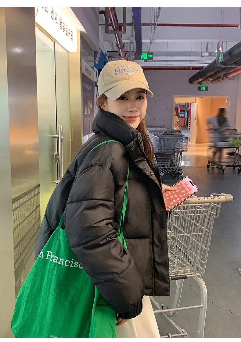 Women Oversize Parkas Jacket Short Coats Solid Drawstring Hem Stand Collar Zipper Thick Straight Office Lady Casual 2025 Winter