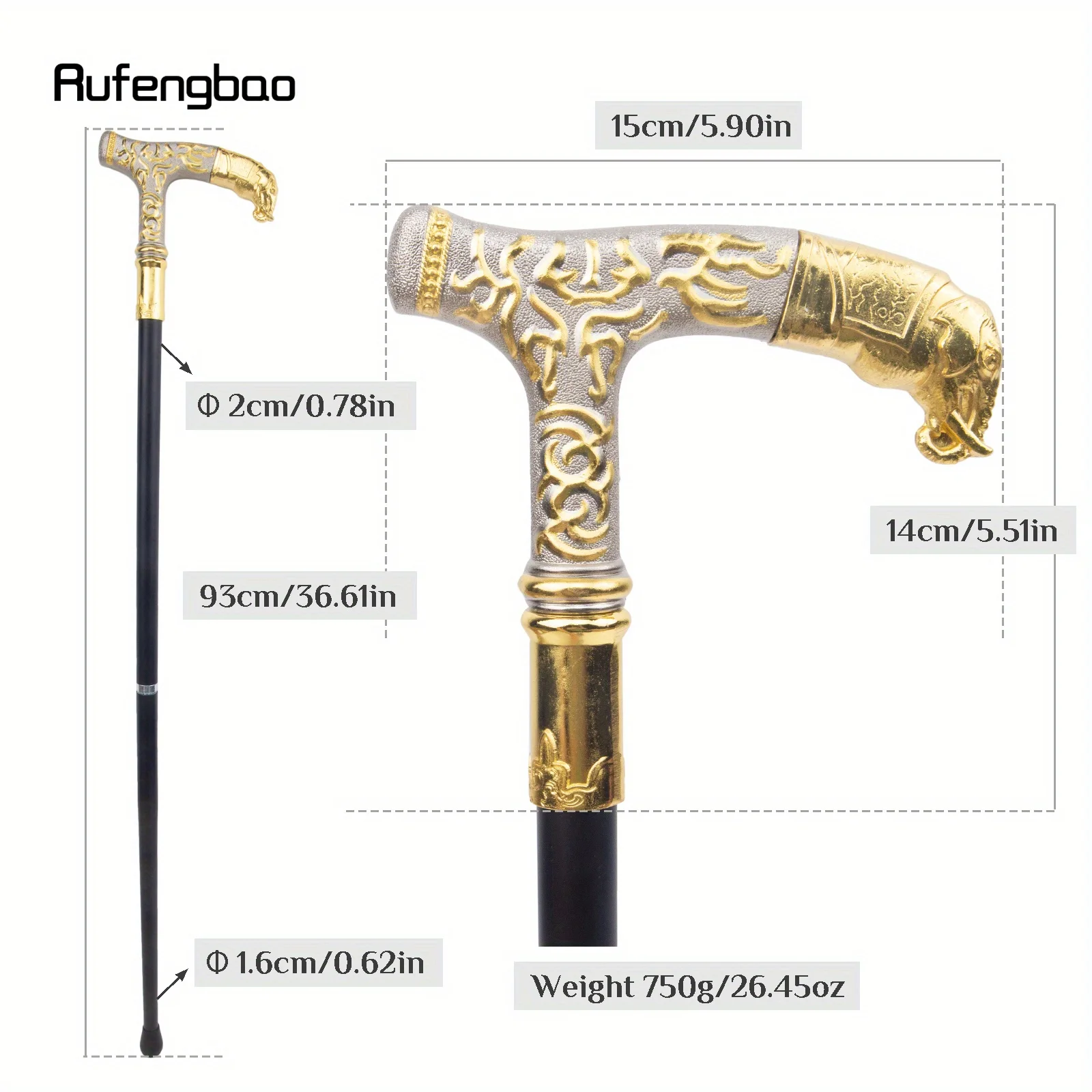 Golden White Elephant Handle Luxury Pattern Walking Stick Fashion Walking Stick Cane Knob Crosier Performance Stage Cane 93cm