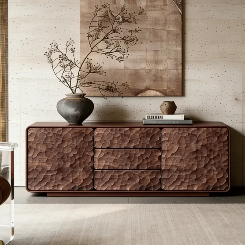 Medieval Walnut Dining Cabinet Solid Wood Hammer Pattern High Cabinet Light Luxury Living Room Storage Integrated Wall TV