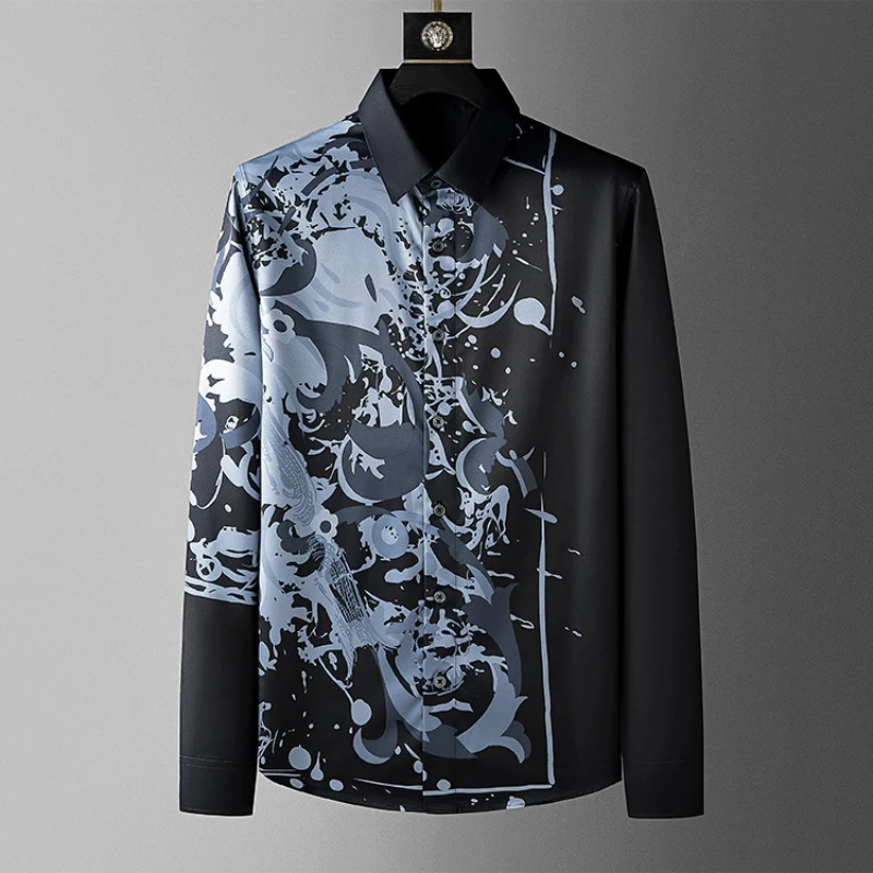 

2025 Luxury Graffiti Printed Shirt Men Long Sleeve Silk Casual Shirt Slim Fit Business Social Party Tuxedo Blouse Streetwear Top