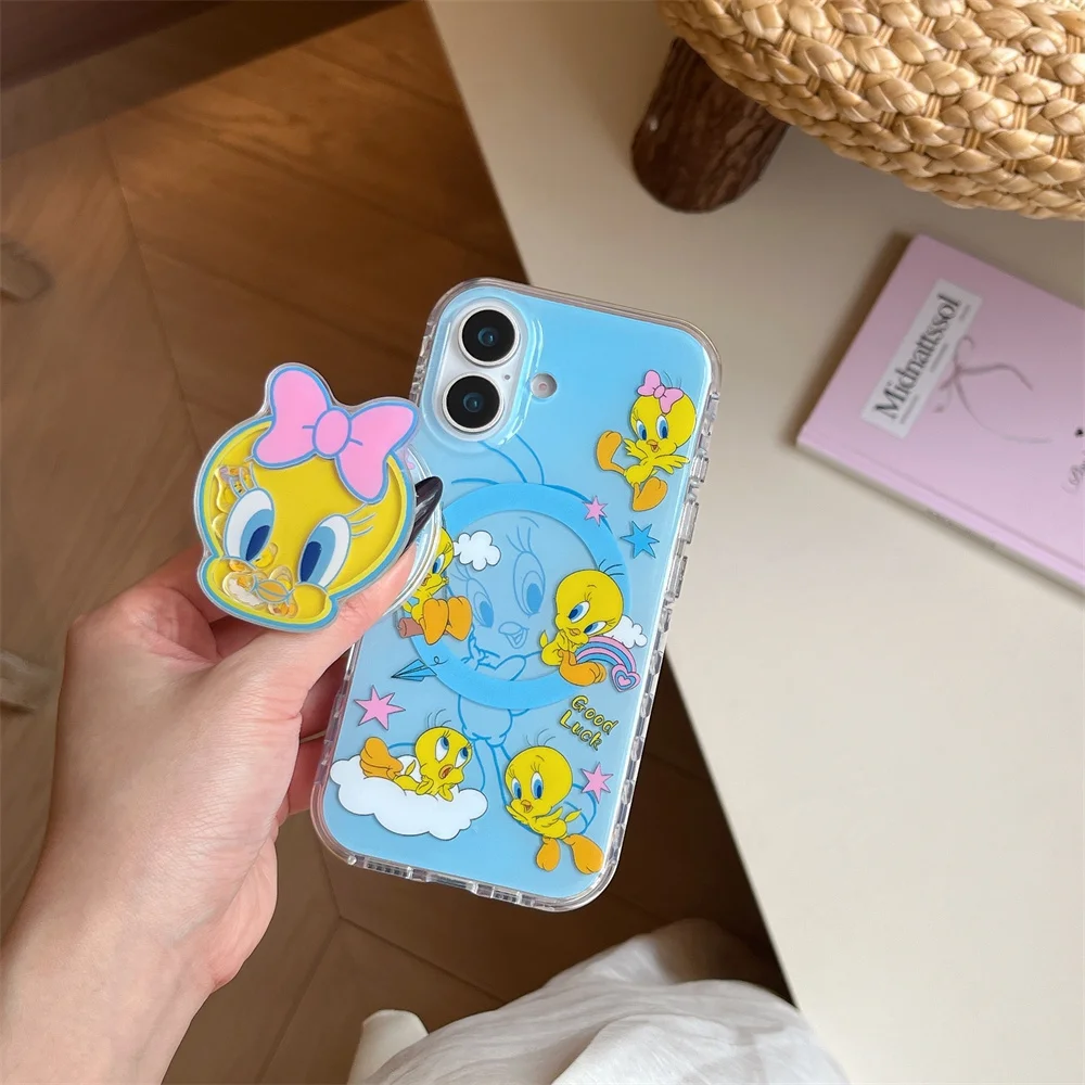 

Cartoon bow duck magnetic stand phone case For iPhone 14 15 Pro Max 13 16 Pro 15 Fundas new with Magsafe cute protective cover