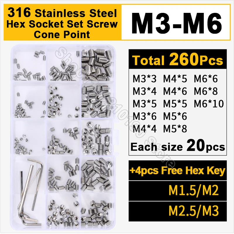 

260Pcs M3 M4 M5 M6 DIN914 316Stainless Steel Hex Hexagon Socket Allen Cone Point Grub Bolt Set Screw Assorment Kit +Free Hex Key