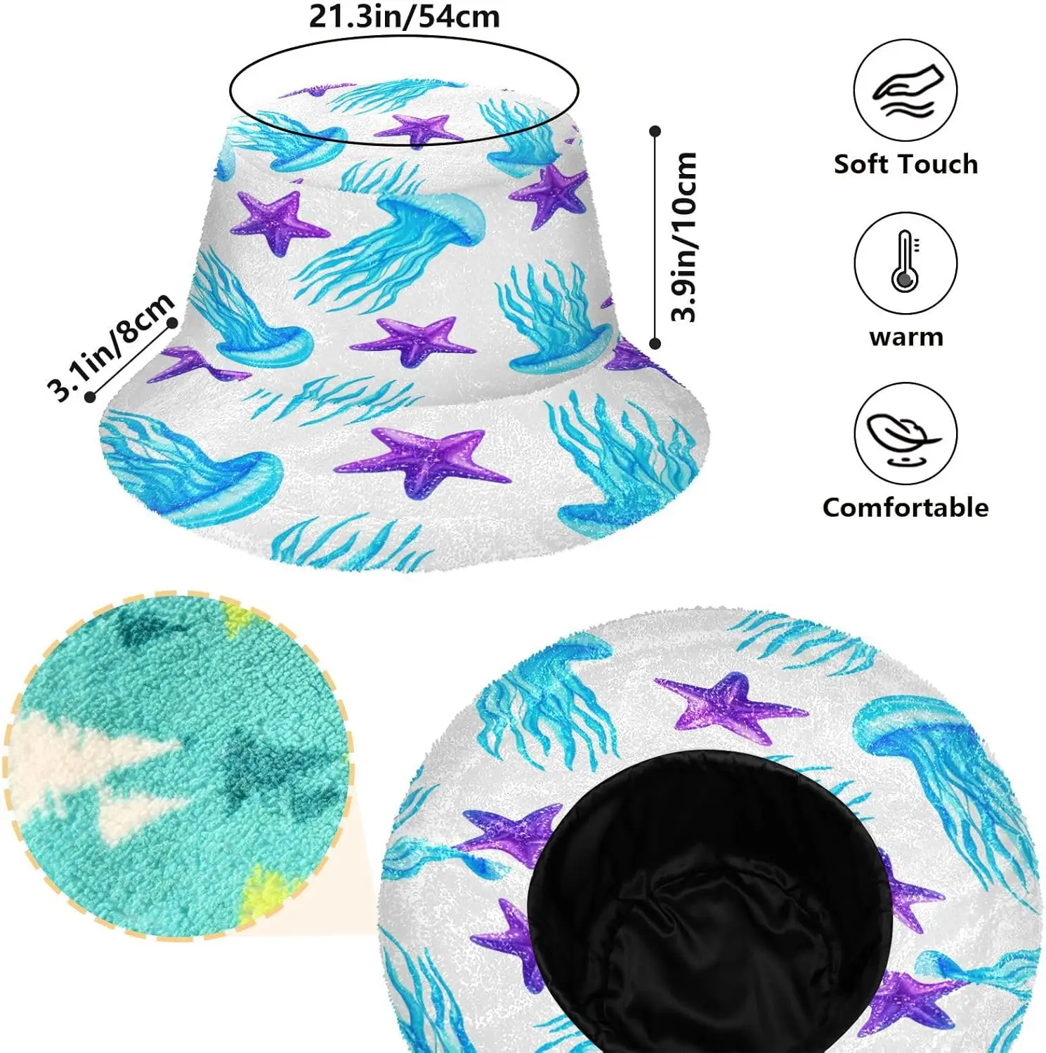 xigua Jellyfish and Starfish Winter Bucket Hat for Women Men - Fluffy Faux Fur Fisherman Hat, Soft Plush Winter Warm Hat