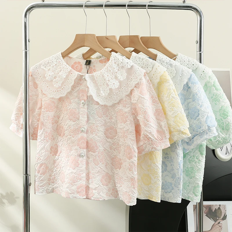 

Sweet Embroidery Lace Peter Pan Collar Blouses Vintage Summer Women Clothing Blusas Mujer Single-breasted Flower Print Shirts