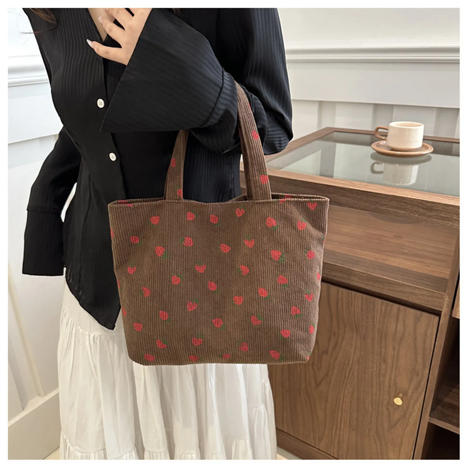 Corduroy Strawberry Print Handbag Women Cute Shoulder Bag Versatile Commuting  Storage Tote Portable Large Capacity Underarm Bag