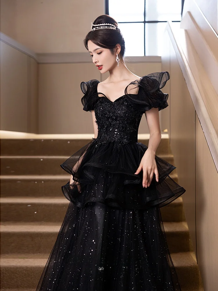 

Ele Bla Evening Gown Prince Sle Sequin Detail Ball Host Dr High Waist Puffy Sves Long Skirt Wedding Par