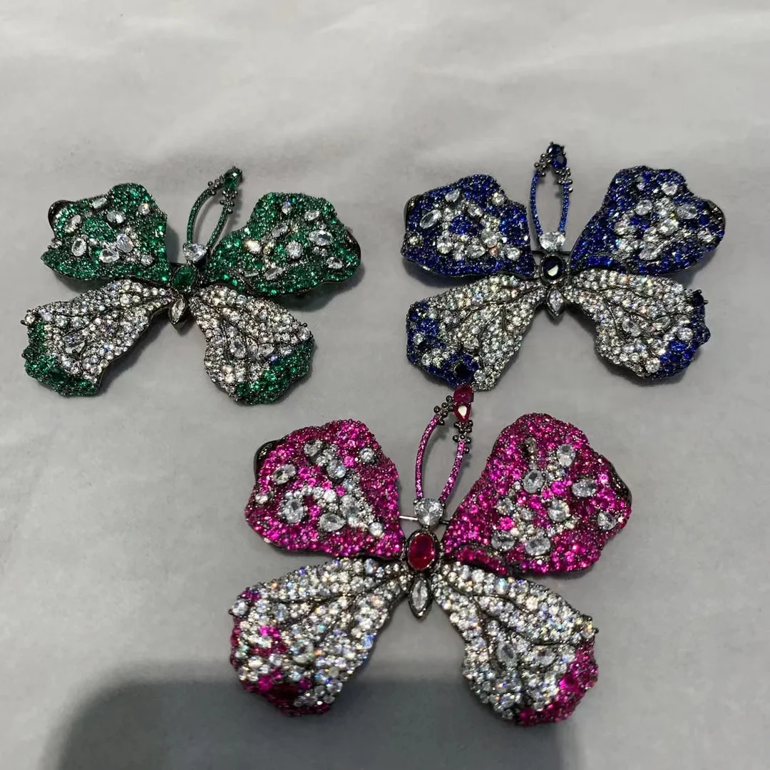 

butterfly brooch green blue red color 52*68MM 925 sterling silver with cubic zircon fine women jewelry luxury