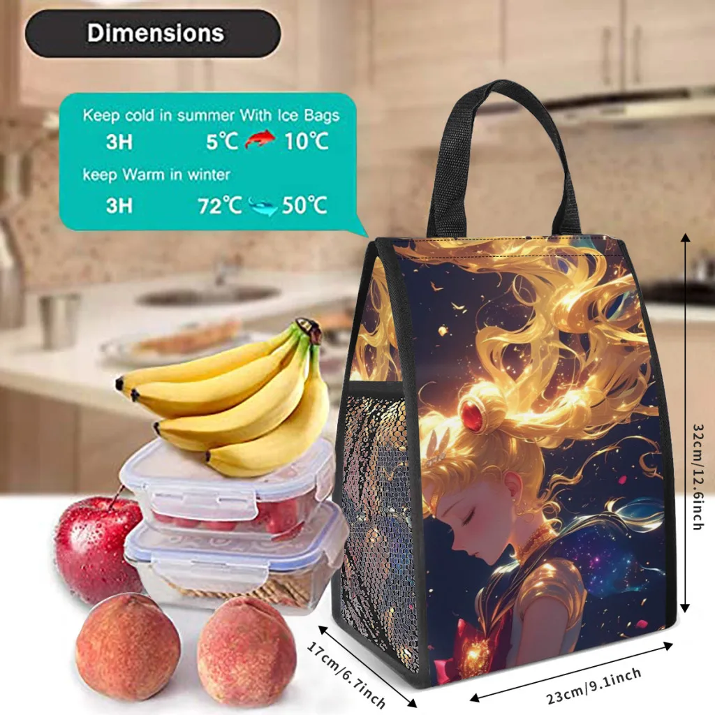 Girls-Sailor- Moon Insulated Thermal Cooler Bag Lunch bag Foods Drink Storage Leakproof Picnic Camping Bags Outdoor Cooler Box