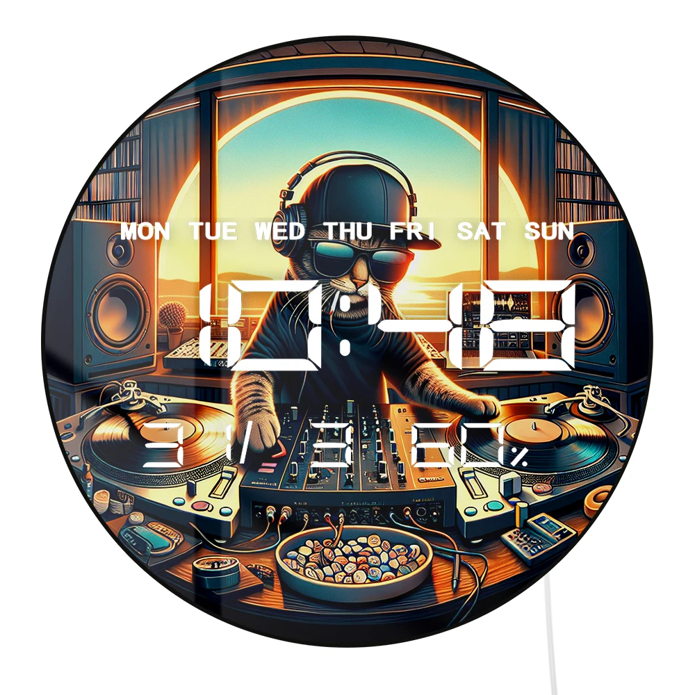 Reloj de Pared Eléctrico con LED de Atenuación Automática DJ Cat Mixer Disc Jockey, con Calendario, Temperatura, Humedad, Fecha, Pantalla Grande, Reloj Digital