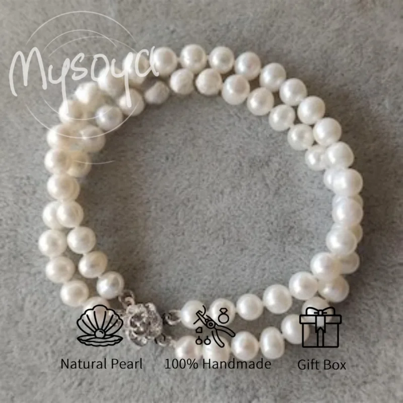 

MYSOYA браслет из белого пресноводного жемчуга 6-7 мм с подарочной коробкой для нее/его дня рождения/свадьбы/Рождества/Нового года/подарок на день Святого Валентина