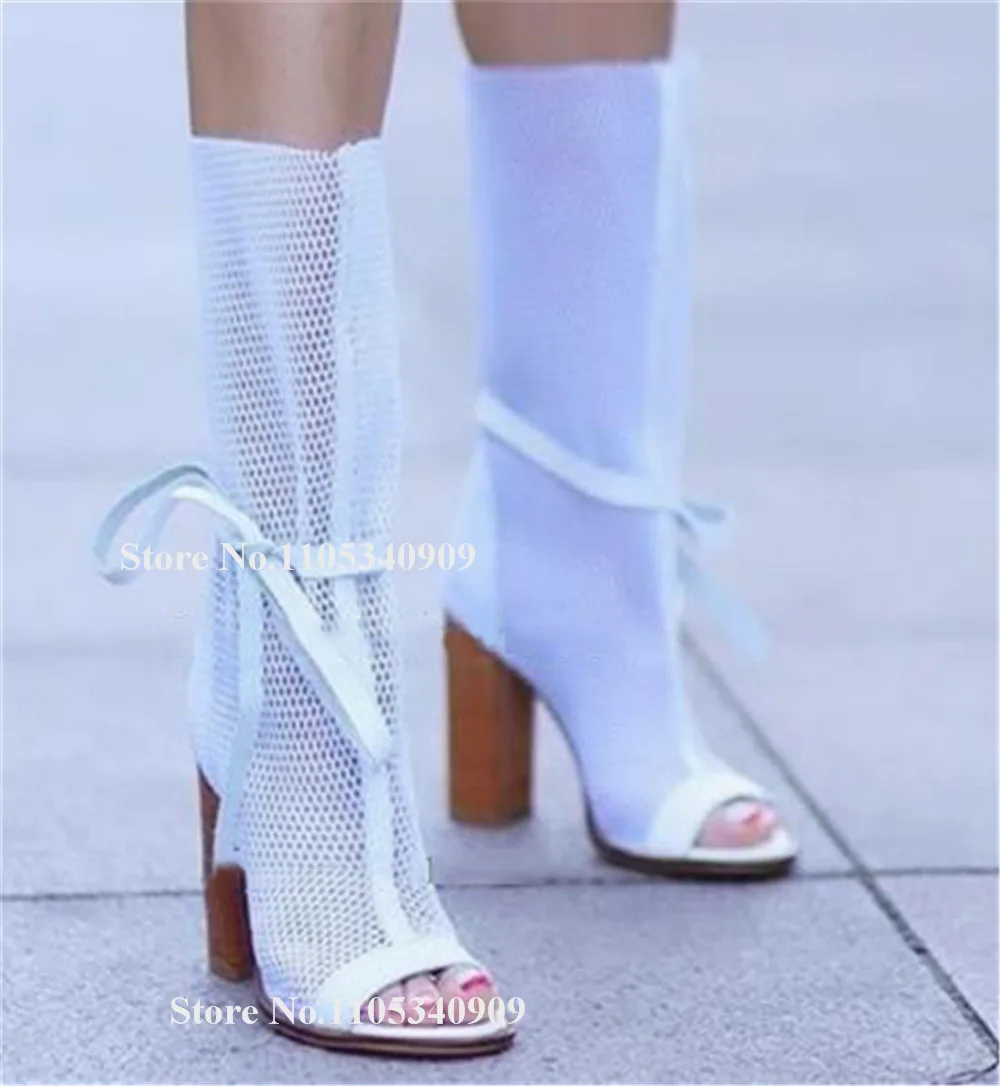Bondarenko Elegant White Black Mesh Mid-calf Chunky Heel Dance Shoes Sexy Peep Toe Lace-up Thick Heel Wedding Long Boots