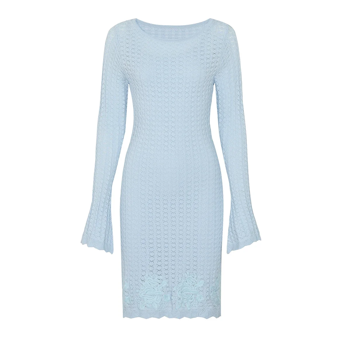 New Fashion Knitted Long Sleeve Women Dress Summer Round Neck Hollow Embroidery Sexy Slimming Dress For Daily Wear Elegant Style