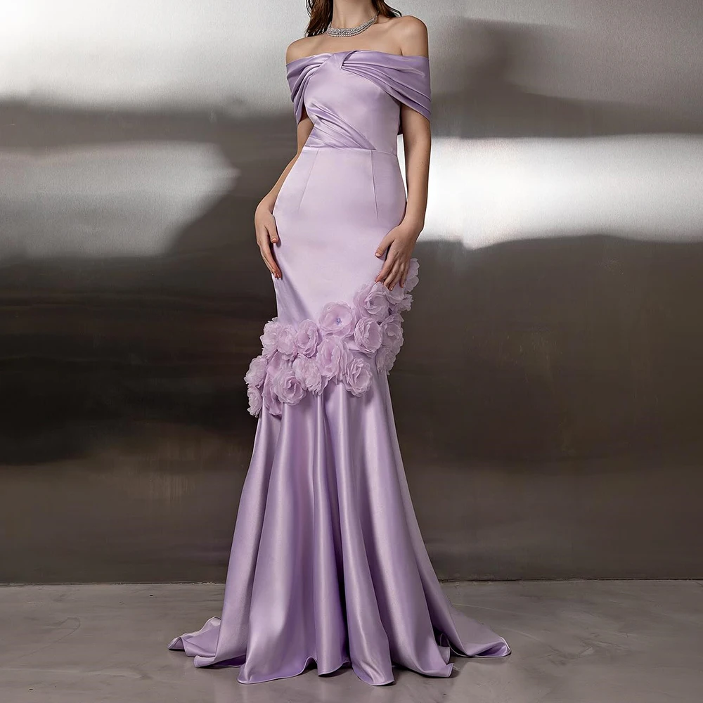 

Customized A-line Evening Dresses Floor-length Off The Shoulder Sleeveless Prom Gown Fashion Flowers Simple Draped Party Gown