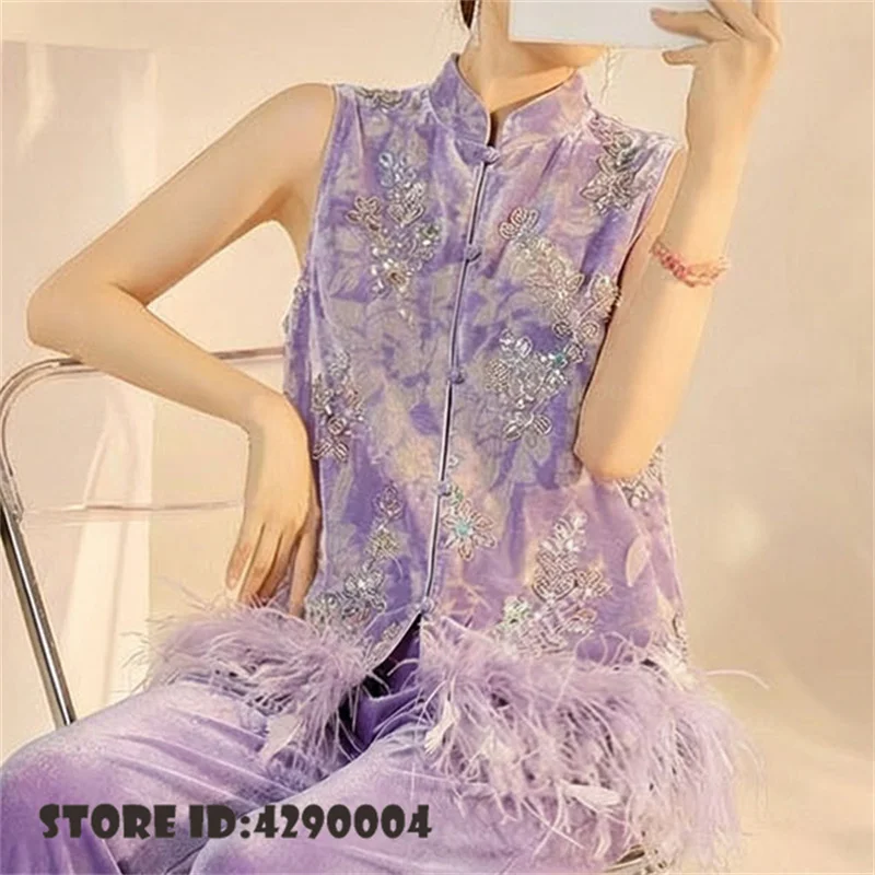 New Chinese Style Womens Tang Clothes Vest Luxury Embroidery Bead Feather Qipao Tops Elegant Velvet Sleeveless Shirt Jacket Coat