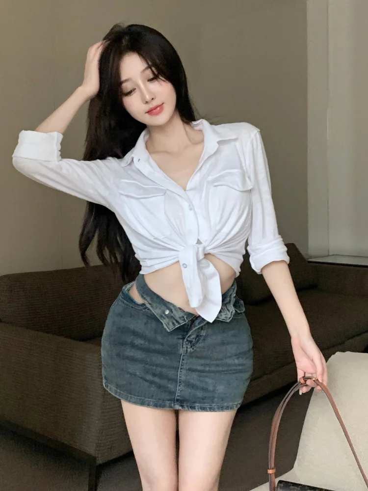 Shirts Women Chic Korean Sexy Style High Street Solid Club Summer Slim Casual All-match Mujer Blusas Long Sleeve Hotsweet Tops