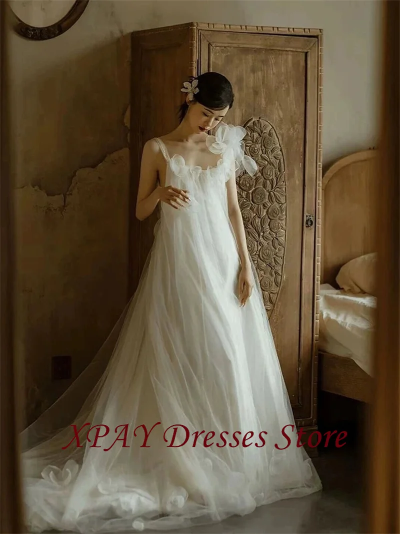 XPAY Elegant Soft Tulle Wedding Dresses Korea Photo shoot Straight 3D Flowers Pregant Women Bridal Gowns Corset Customized