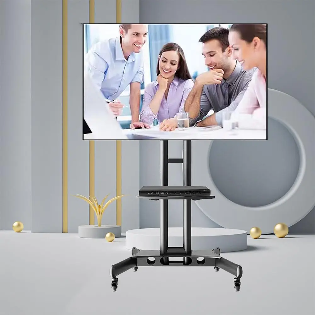 Mobile Rolling TV Cart for 32-65 Inch TVs, Holds up to 110 Lbs, Height Adjustable Portable Tilt TV Stand on Wheels with Storage Shelf, Black Floor TV Mount for Home, Office & Outdoor Use