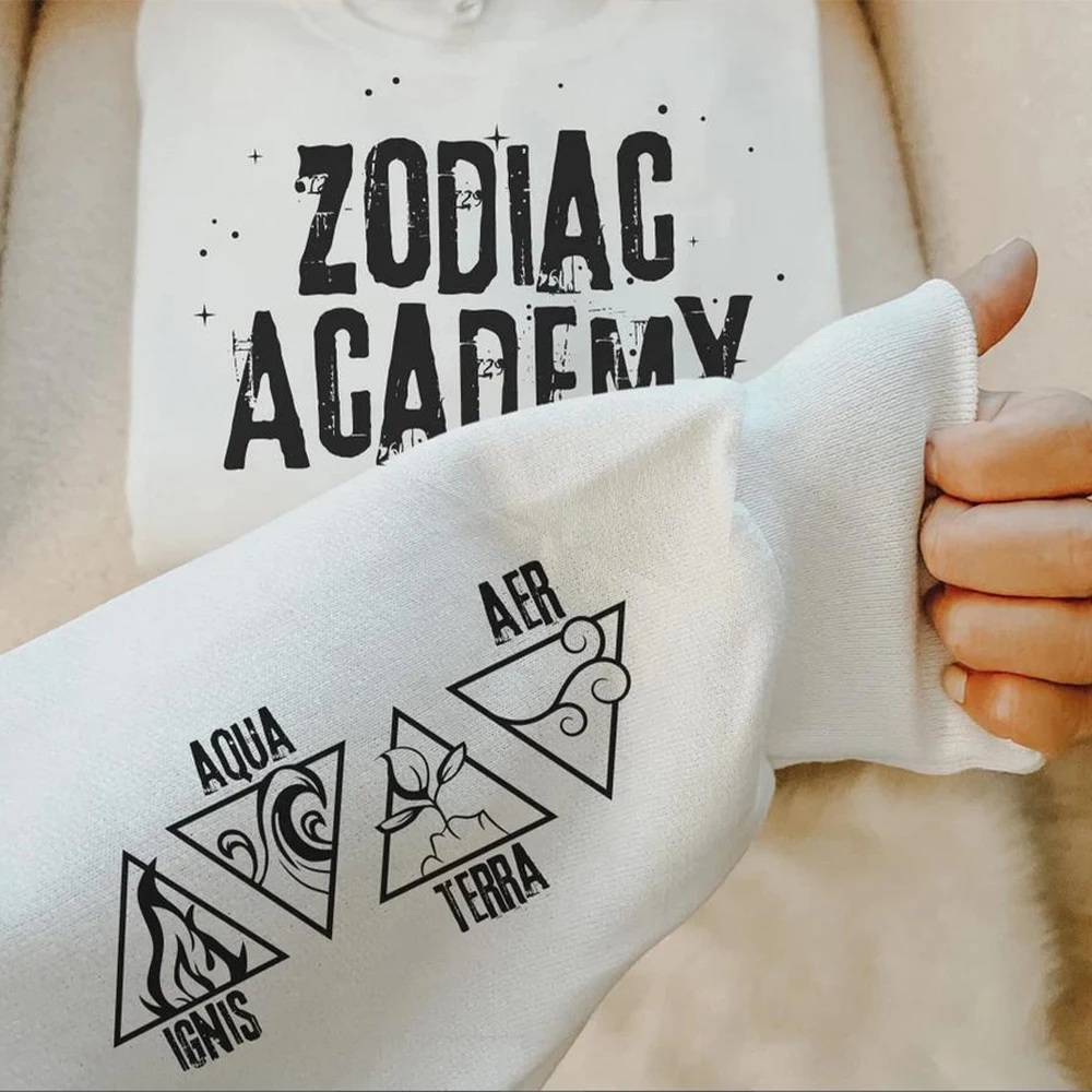 Zodiac Academy Sweatshirt Retro Elements Sleeve Sweatshirt Ignis Aer Aqua Terra Sleeve Shirt Zodiac Signs Crewneck Graphic Tops