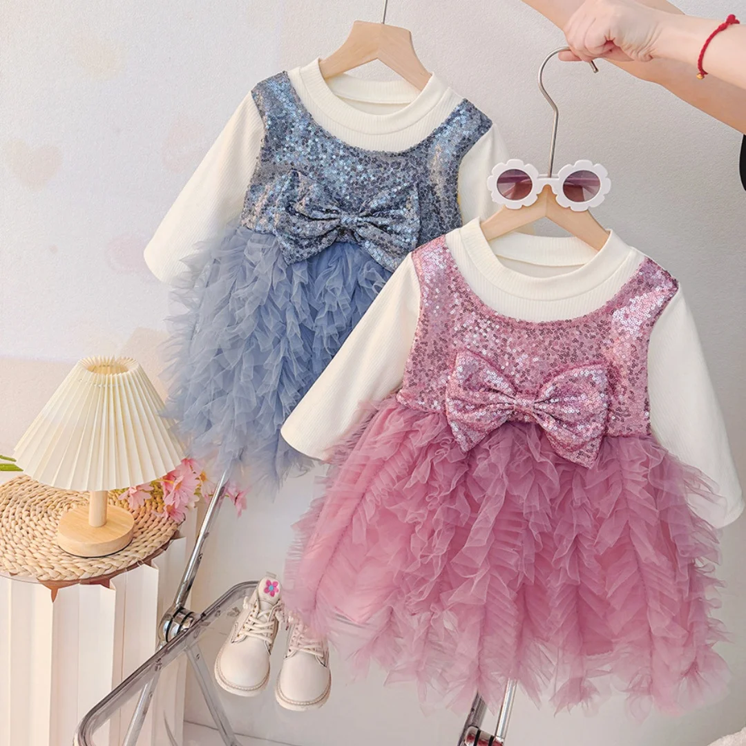 

Girls Dresses Autumn Winter Cotton Bow Sequin Mesh Long Sleeved Baby Girl Dress Cartoon Cute Christmas Baby Girl Clothing