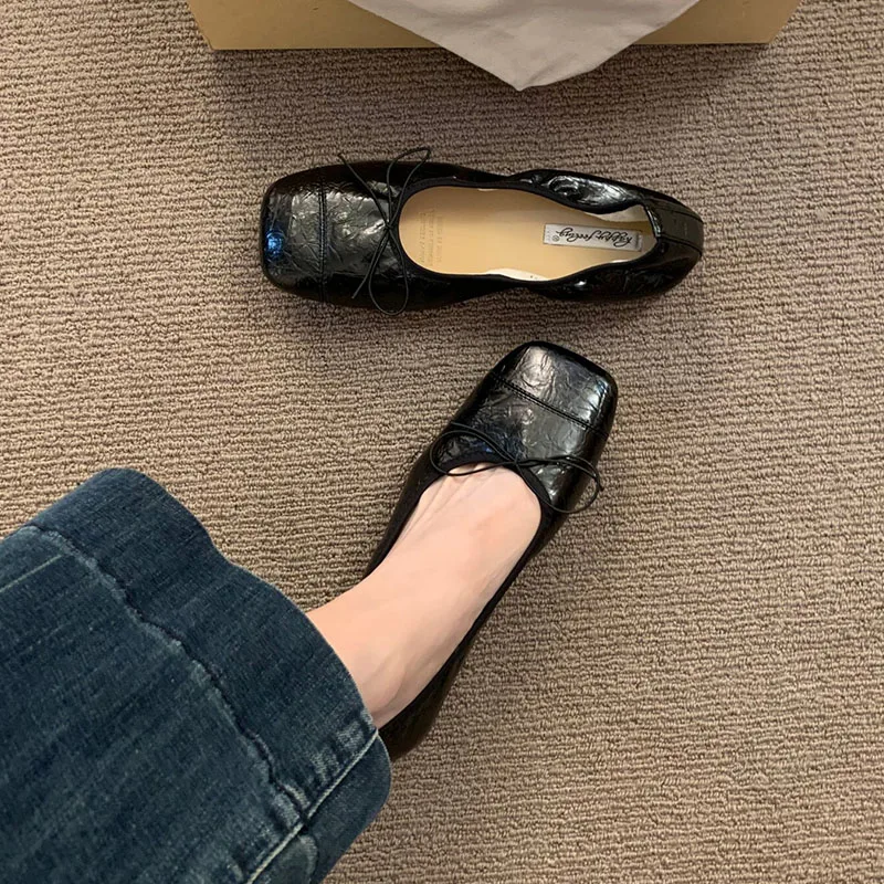 Modische Damen-Ballerinas mit Schleifenknoten, Weiche Tanzschuhe mit Quadratischer Zehenpartie, Neue Frühlings- und Herbst-Slipper für Damen – Detail 7