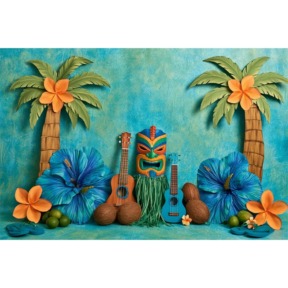 Summer Hawaiian Photography Backdrop Palm Tree Coconut Tiki Masks Surfboard Baby Show Summer Beach Party Background Photo Studio