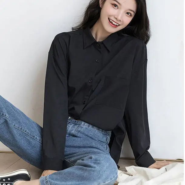 

Bla Casual Long Sve irt Женские свободные BF Sle Student Faion Осень Новое поступление Винтаж Гонконгский сле на пуговицах Po...