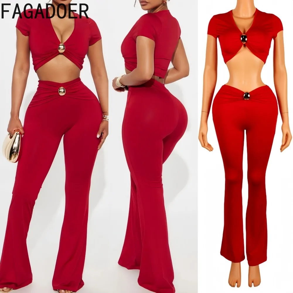 

FAGADOER Casual 2 Pieces Set for Woman Short Sleeve Deep V-neck Crop Top and Pants Outfits Female Streetwear Clothing 2025 New