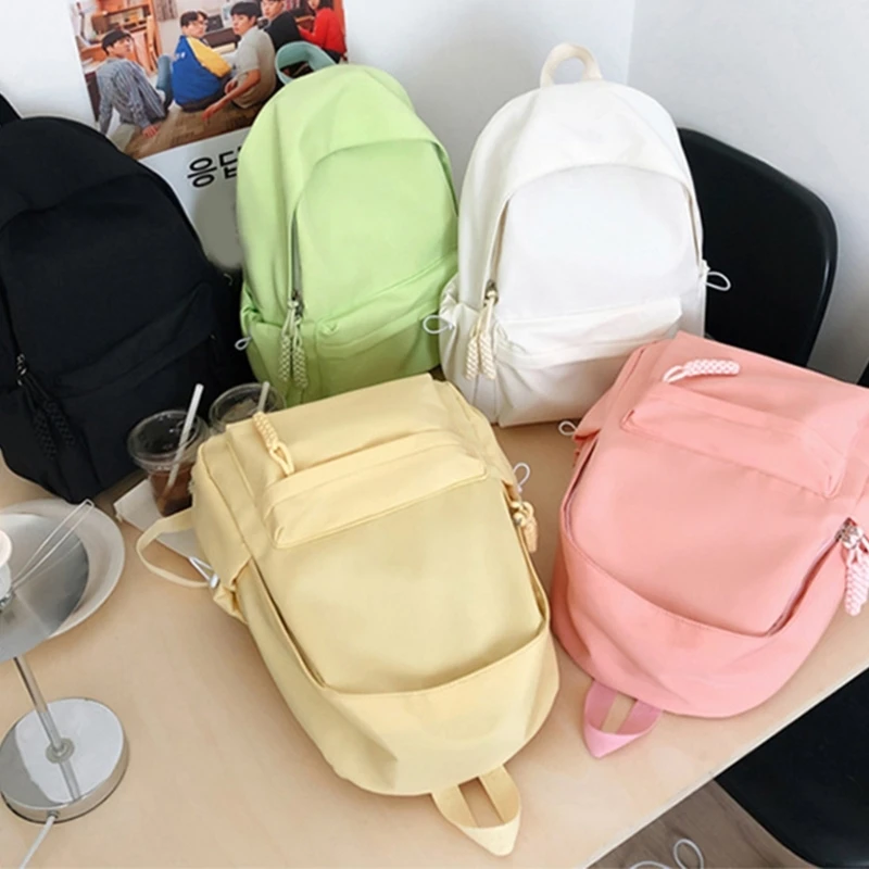 Women All-match Solid Color Backpack Teens Student Girl Large Capacity School Bookbag Casual Travel Nylon Rucksack for Daily Use