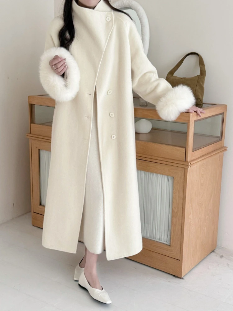 

Шерстяное пальто с большими рукавами из лисьего меха, женское осенне-зимнее модное элегантное утолщенное теплое однотонное длинное двустороннее шерстяное пальто