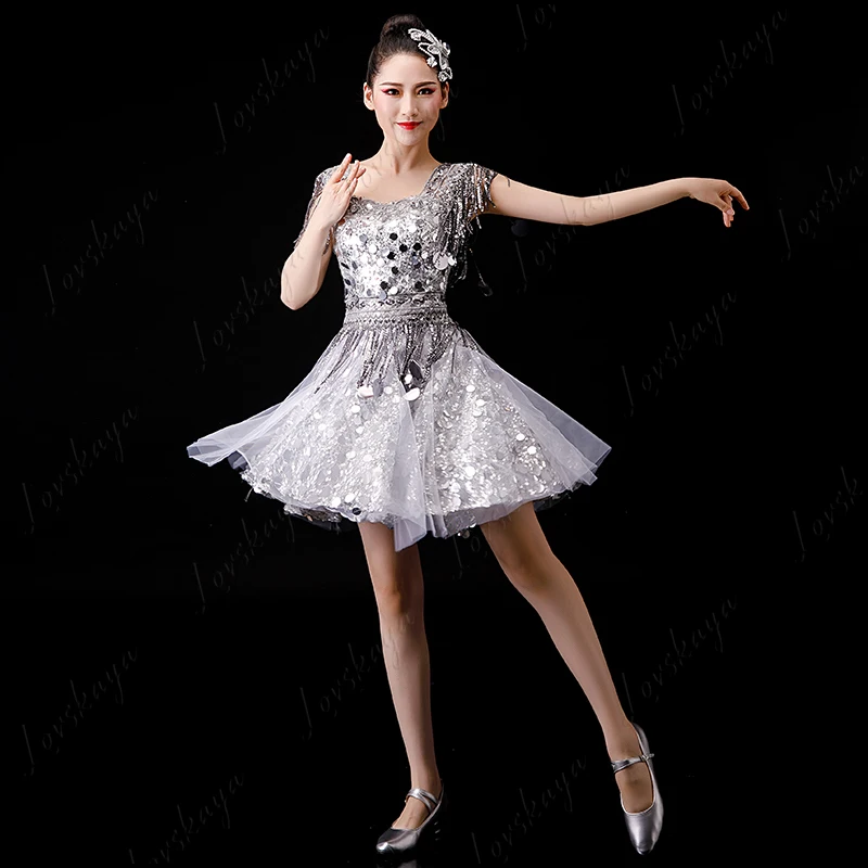 Traje de performance feminino com franjas de lantejoulas para jazz cheerleading dança quadrada saias inchadas